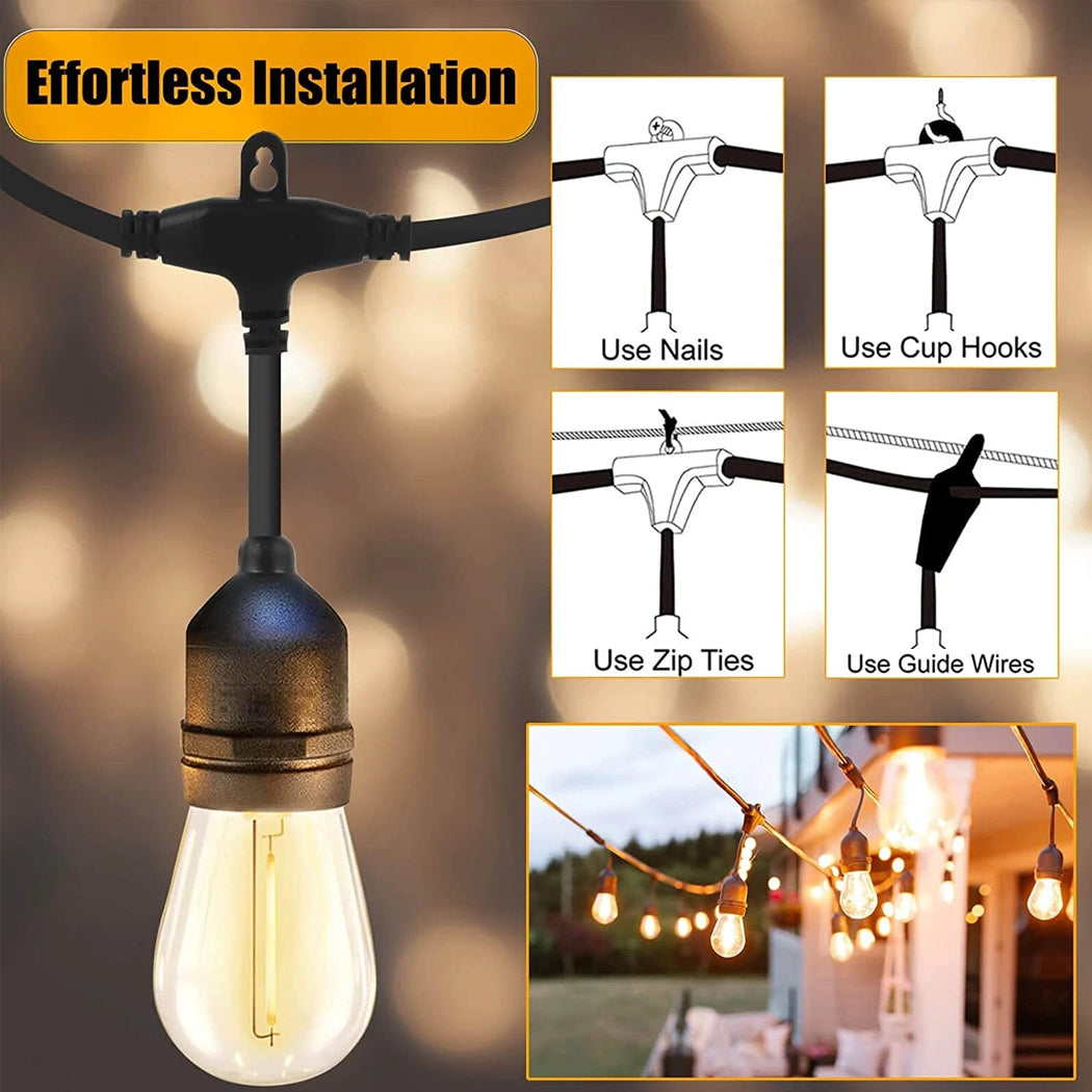 Solar String Lights - Commercial Grade Heavy Duty Festoon String Light 15 Hanging Sockets with 15 2W LED Bulb Warm White for Party Patio Garden